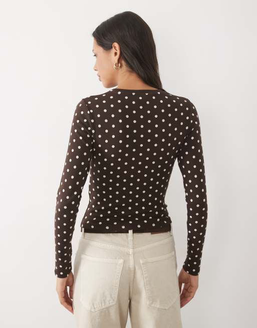 New Look top coordinato a maniche lunghe a pois marroni, 3 di 4