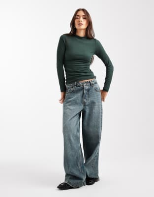 New Look - Top côtelé à manches longues et col droit - Vert