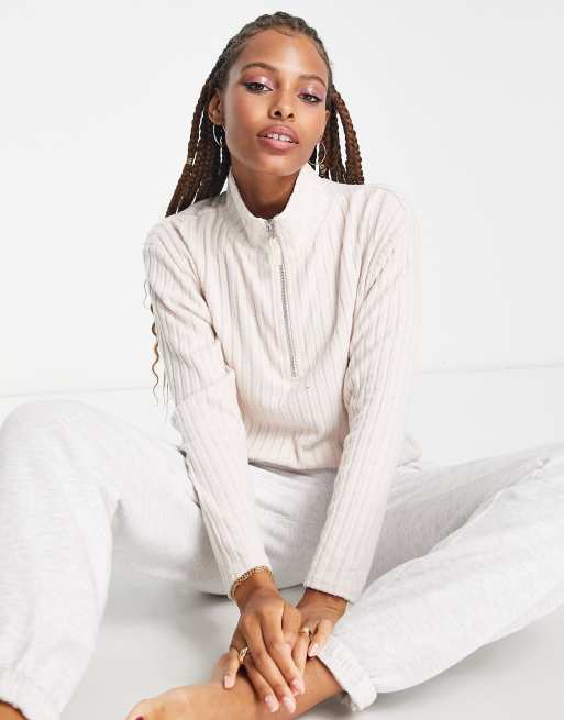 New Look - Top da casa color avena a coste con zip corta