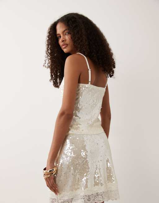 New Look - Top d'ensemble à sequins et bordures en dentelle - Crème, 3 de 4