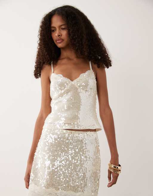 New Look - Top d'ensemble à sequins et bordures en dentelle - Crème, 4 de 4
