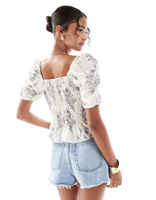 New Look - Top froncé tendance folk à manches courtes et imprimé fleurs, 4 de 4