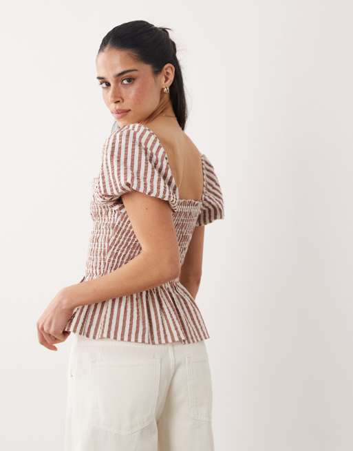 New Look - top fruncido a rayas marrón, 4 de 4