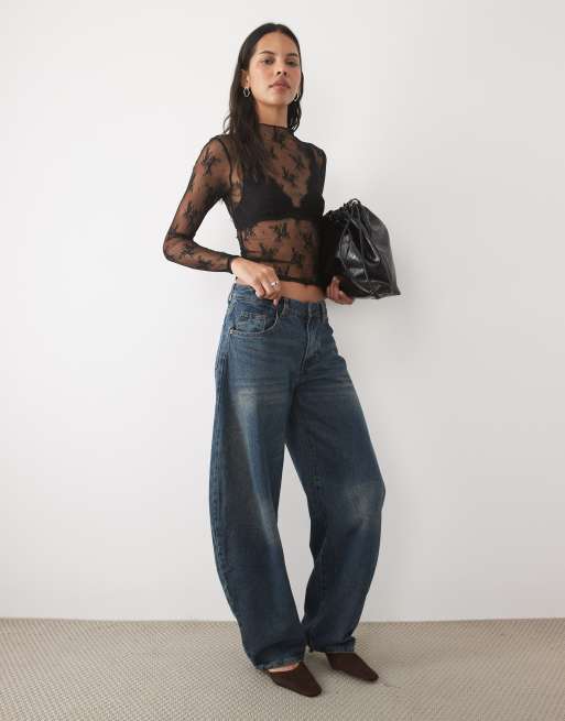 New Look top in rete con maniche lunghe e dettaglio in pizzo nero, 2 di 4