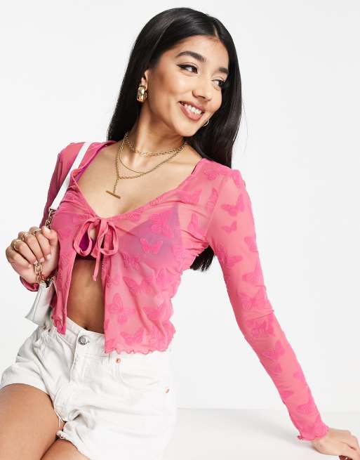 New Look - Top in rete rosa con farfalle allacciato sul davanti