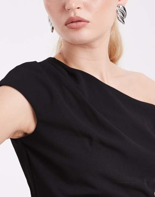New Look – Top in Schwarz aus Stoff in Neoprenoptik mit abfallender Schulterpartie, 2 von 4
