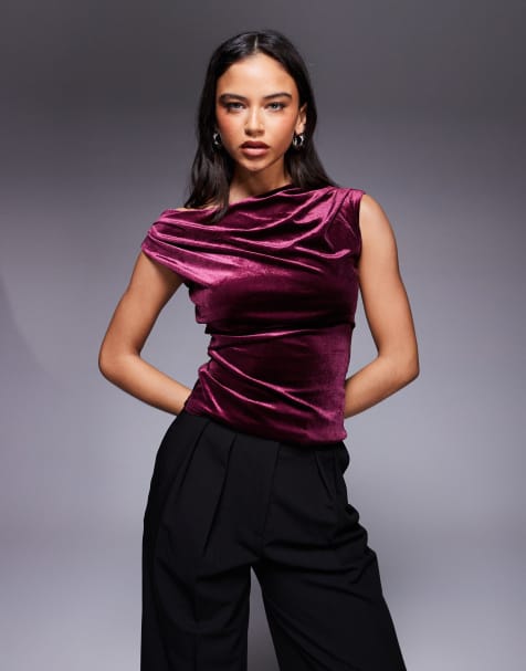 New Look - Top in velluto bordeaux con spalla scivolata - view 1