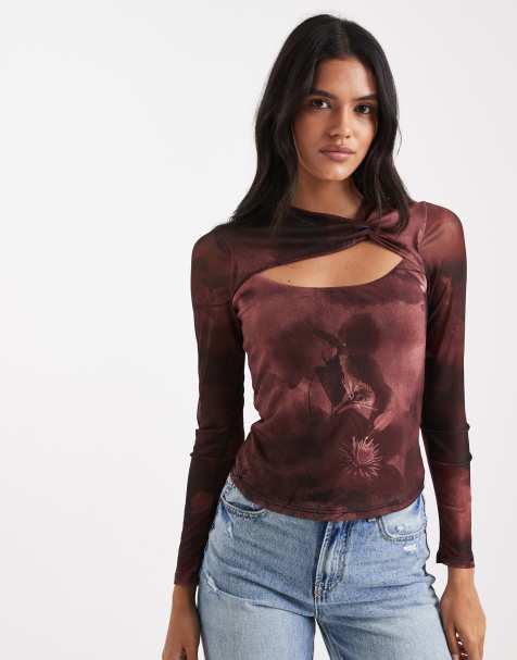 New Look - Top manches longues à découpe en tulle fleuri - Rouge - view 1