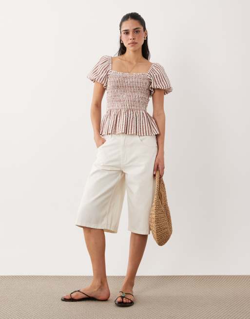 New Look - Top marrone a righe arricciato, 2 di 4