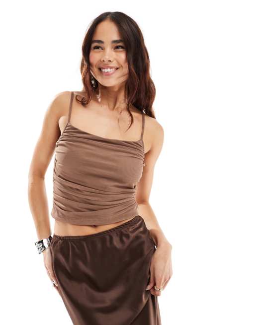 New Look - Top marrone medio in rete arricciato con spalline sottili