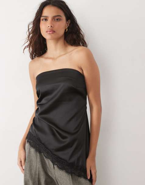 New Look top med asymmetrisk satin og blondedetalje i sort - view 1