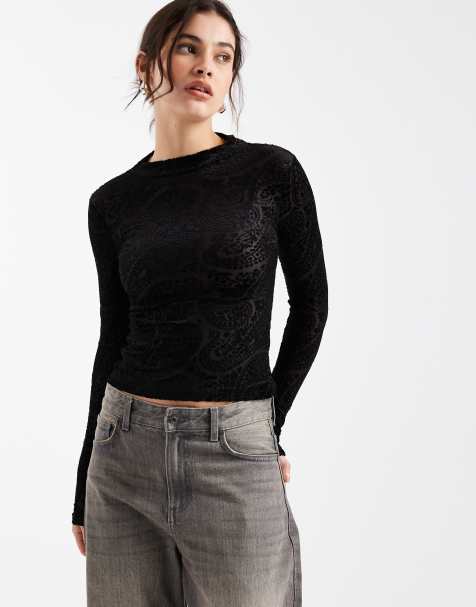 New Look - Top met geflockt paisley motief en lange mouwen in zwart - view 1