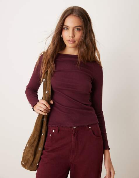 New Look - Top met geschulpte rand en lange mouwen in bordeauxrood - view 1