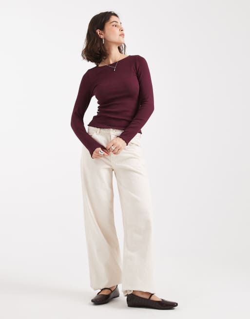 New Look - Top met geschulpte rand en lange mouwen in bordeauxrood, 3 van 4