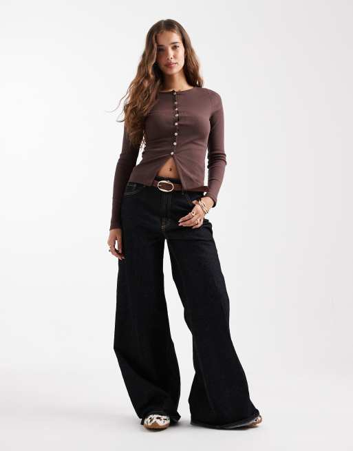 New Look - Top met knopen en lange mouwen in bruin, 3 van 4
