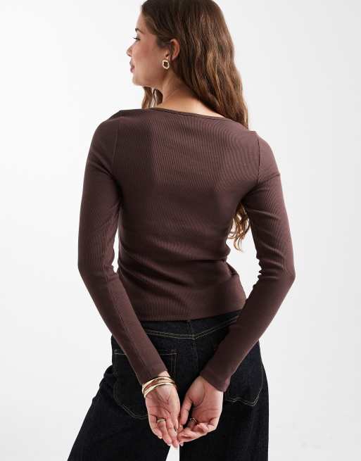 New Look - Top met knopen en lange mouwen in bruin, 4 van 4