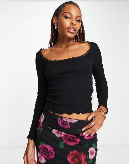 New Look - Top met lange mouwen en kanten rand in zwart