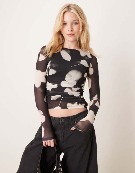 New Look - Top met rimpeleffect aan de zijkant en lange mouwen in zwart patroon