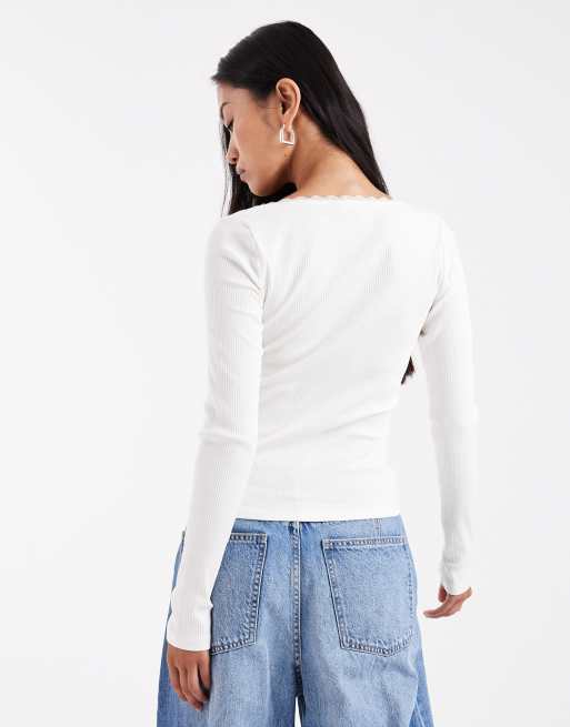 New Look - Top met vierkante hals en kanten rand in crème, 2 van 4