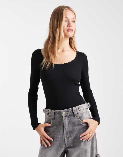 New Look - Top met vierkante hals en kanten rand in zwart - view 1