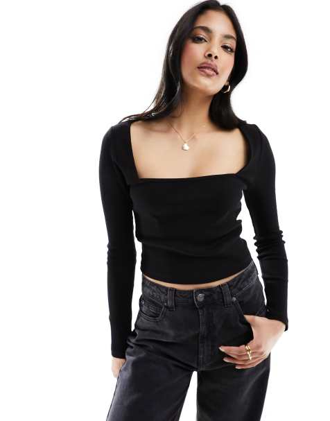 New Look - Top met vierkante hals en lange mouwen in zwart - view 1