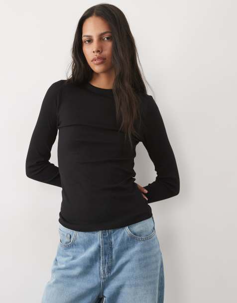 New Look - top negro acanalado de manga larga y cuello redondo - view 1