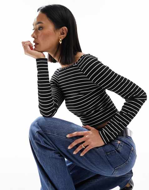 New Look - Top nero a righe con scollo alla Bardot - view 1