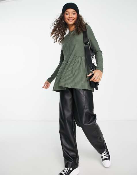 New Look - Top peplo a maniche lunghe kaki a coste - view 1