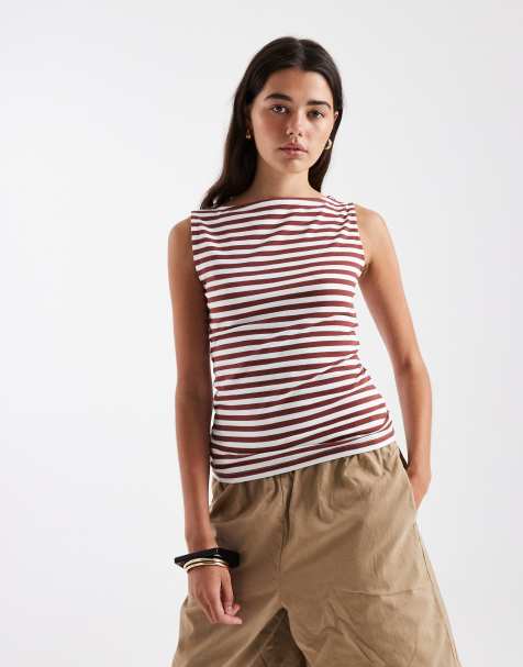 New Look - Top senza maniche bianco a righe con scollo a barchetta - view 1