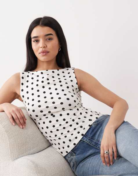 New Look - Top senza maniche color crema a pois con scollo a barchetta - view 1