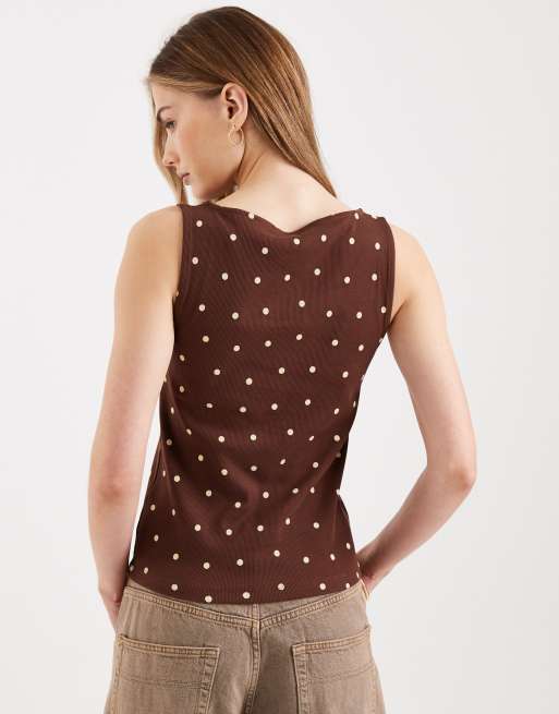 New Look - Top senza maniche marrone a pois con scollo a barchetta e bottoni, 2 di 4