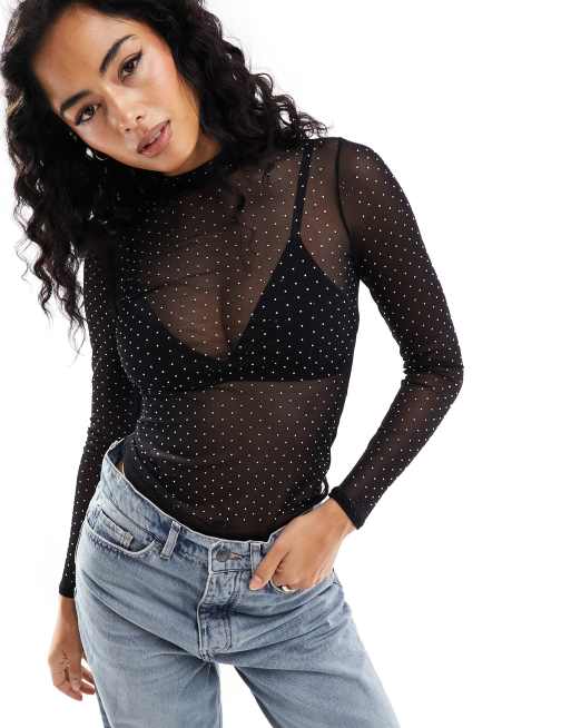 New Look - Top van glinsterend mesh met lange mouwen in zwart