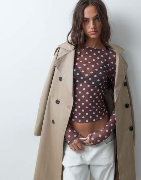 New Look top van mesh met lange mouwen en boothals in bruine polkadotprint - view 1