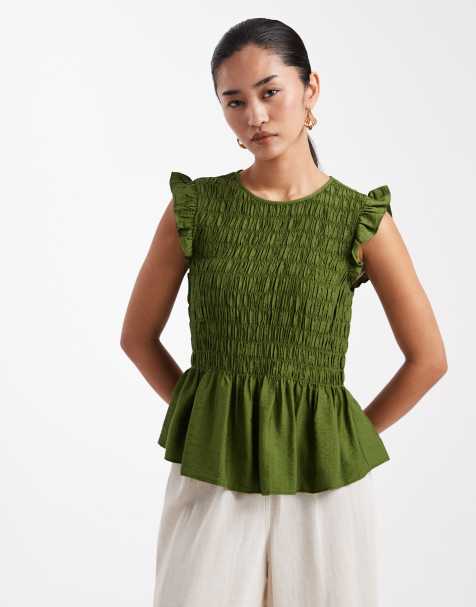 New Look - Top verde con maniche arricciate e volant - view 1