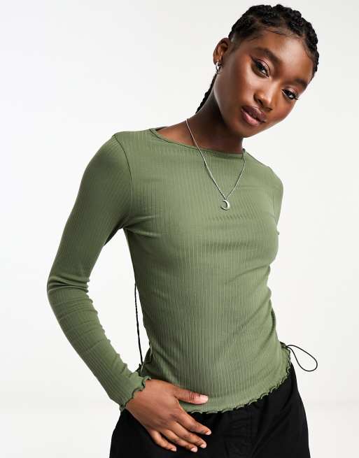 New Look – Top z długimi rękawami i falowanym brzegiem w kolorze khaki