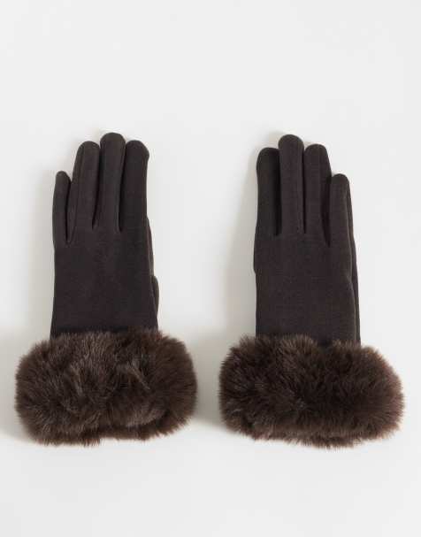 New Look touchscreen faux fur trim gloves in dark brown - view 1