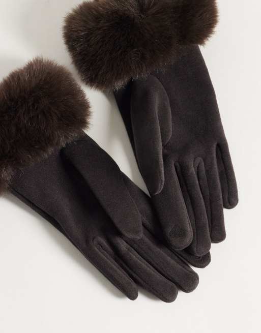 New Look touchscreen faux fur trim gloves in dark brown, 3 of 3