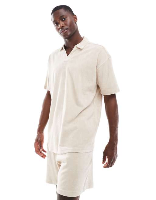 New Look towelling revere shirt co-ord in stone