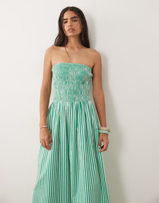 New Look – Trägerloses, gesmoktes Midikleid in Grün gestreift, 2 von 4