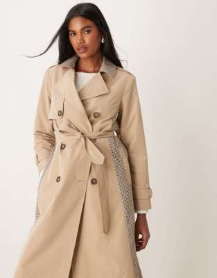 New Look - Trenchcoat in Steinbeige mit Karo-Mustermix-Neutral