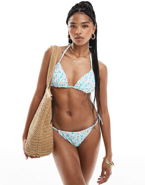 New Look - Triangel bikinitop met fijne bloemenprint in blauw en roze - view 1