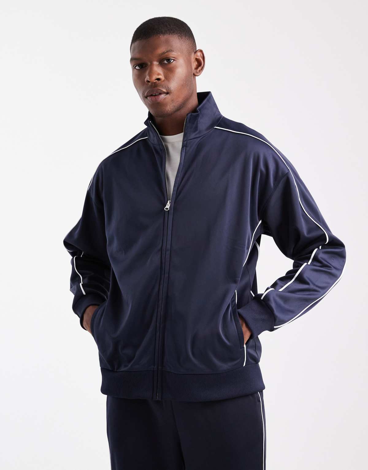 New Look tricot zip through tracksuit jacket in navy