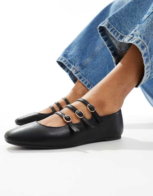 New Look triple strap mary jane flats in black