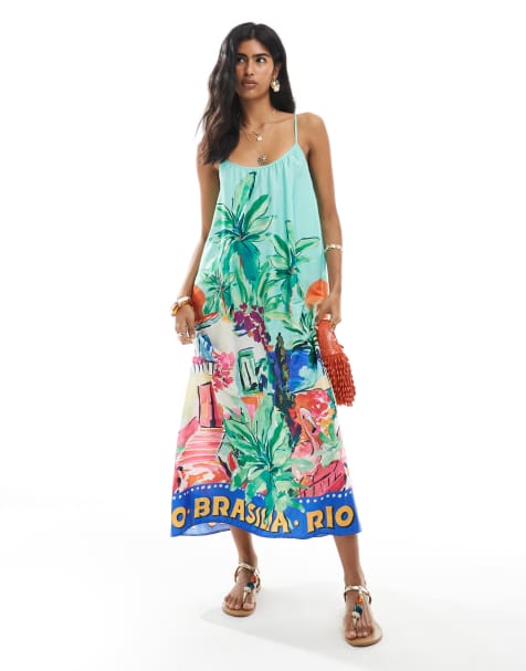 New Look tropical print strappy midi dress in blue