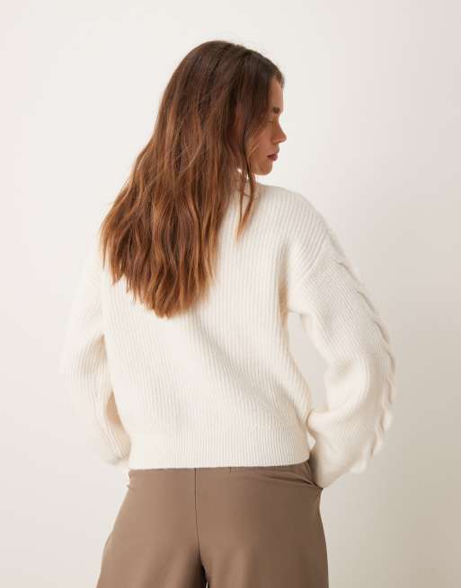 New Look - Trui met kabels en halve rits in crème, 3 van 4