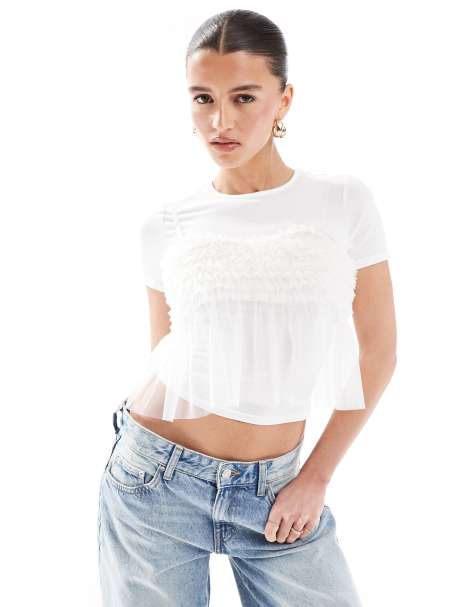 New Look tulle t-shirt in off white - view 1
