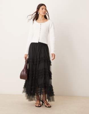 New Look tulle tiered midi skirt in black