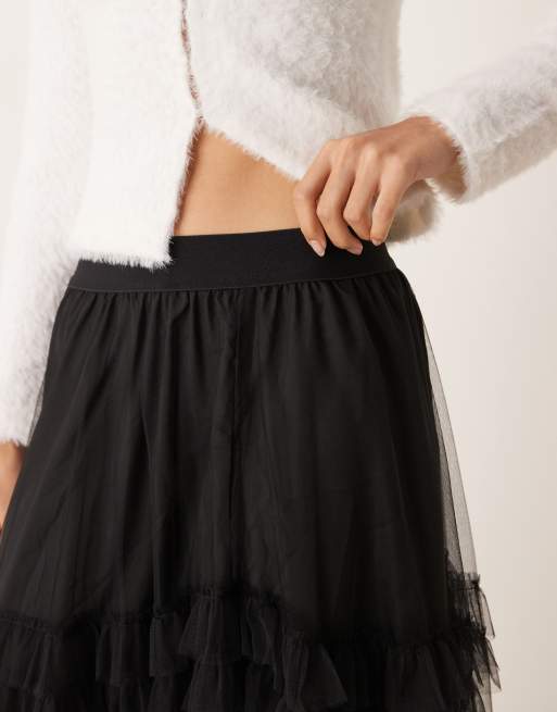 New Look tulle tiered midi skirt in black