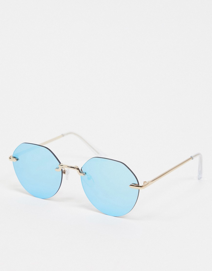 New Look – Turkosa runda solglasögon utan bågar-Blå