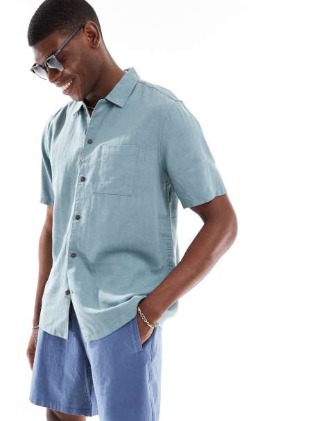 New Look flat collar linen-blend shirt in teal blue